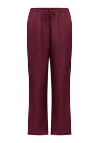Pantalons larges bordeaux en tissu lisse avec un design plissé, dotés d'une taille élastique et d'un cordon de serrage pour un ajustement réglable.