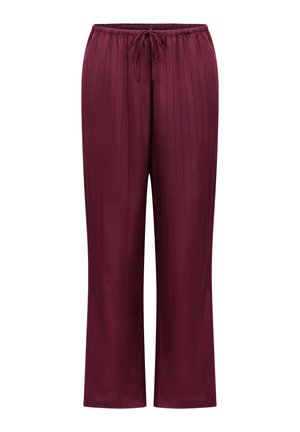 Bordeaux wijde broek van gladde stof met geplooid ontwerp, voorzien van een elastische tailleband en trekkoord voor verstelbare pasvorm.