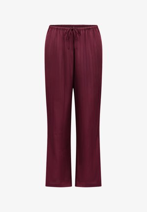 Bordeaux wijde broek van gladde stof met geplooid ontwerp, voorzien van een elastische tailleband en trekkoord voor verstelbare pasvorm.