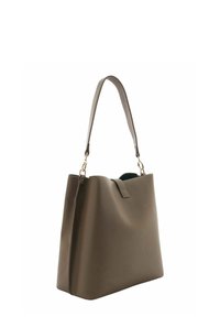 Sac fourre-tout vert olive en matériau synthétique lisse. Présente une forme structurée, une poignée plate unique et des accents en métal doré.