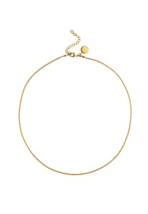 Zarte Halskette aus Gold mit kleinen, miteinander verbundenen Gliedern und einem Karabinerverschluss, ausgestattet mit einer verstellbaren Verlängerungskette und einem runden Markenanhänger.
