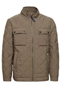 Quilted brown jacket with a high collar, two chest pockets with snap closures, side pockets, and a front zipper. Features a textured fabric.