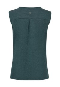 Top senza maniche verde scuro con piega centrale sul retro e piccolo logo riflettente a forma di diamante vicino allo scollo.