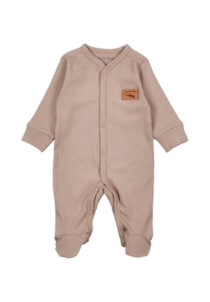 Beige geribde baby romper met lange mouwen, drukknoopjes en een tan label op de borst met het logo "Lazerto Verde." Zachte textuur.