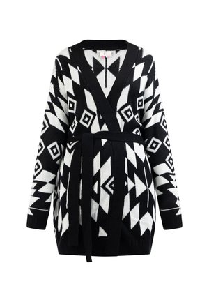 Black and white geometric-patterned cardigan with long sleeves, wrap design, and a matching tie belt. Knit texture with a cozy appearance.