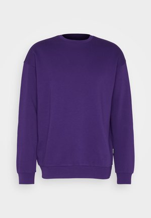Purple crewneck sweatshirt with long sleeves, made of soft fabric. Features a relaxed fit and ribbed cuffs. No visible patterns or logos.