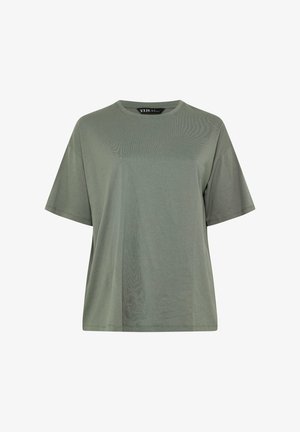 Maglietta semplice a maniche corte, collo tondo, in verde oliva smorzato con vestibilità comoda e etichetta del marchio visibile all'interno del colletto.