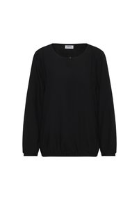 Zwarte blouse met lange mouwen en ronde halslijn, enkele voorknoop, elastische manchetten en een gathered zoom, label "Cecil" binnenin de kraag.