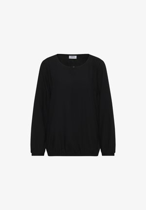 Blouse noire à manches longues avec encolure ronde, bouton avant unique, poignets élastiques et ourlet froncé, étiquette "Cecil" à l'intérieur du col.