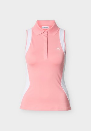 Mouwloos roze poloshirt met witte zijpanelen, een kraag, knoopsluiting en een klein wit logo op de borst.