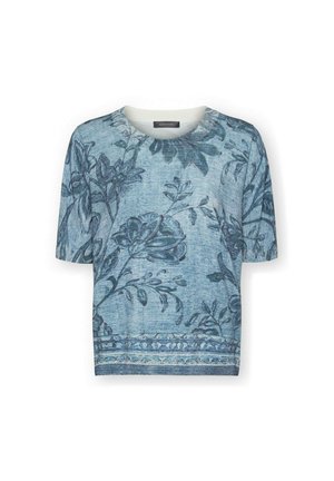 Blå kortærmet sweater med mørke blomsterprint og dekorativ kant forneden, rund halsudskæring, let strikstof.