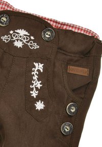 Brown fabric shorts featuring white floral embroidery, two large buttons, and a red and white checkered lining. Brand label visible.