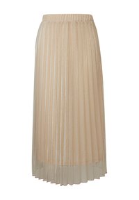 Jupe midi plissée en beige clair, dotée d'une taille élastique. Fabriquée dans un matériau léger et transparent avec des plis verticaux pour ajouter de la texture.