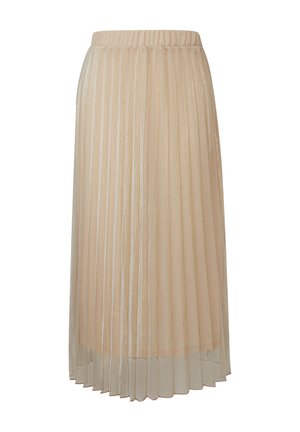 Plissé midi-rok in lichtbeige, met een rekbare tailleband. Gemaakt van een vloeiende, doorschijnende stof met verticale plooien voor textuur.