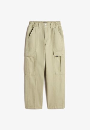Pantalons cargo vert clair avec une taille élastique, poches avant et deux poches latérales. Le tissu est lisse avec une finition mate.