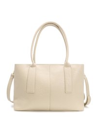 Borsa a mano beige in pelle con due manici superiori, forma strutturata e una finitura texturizzata sottile. Dotata di una tracolla regolabile.