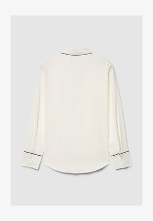 Langärmliges weißes Hemd mit schwarzer Paspel entlang des Kragens und der Manschetten, verfügt über eine glatte Textur und einen abgerundeten Saum.