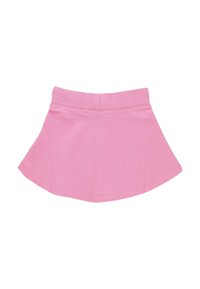 Rosa bomullsskjortkjol med en bred elastisk midja och en utsvängd design, med en mjuk textur och en fåll som kurvar mjukt.