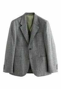 Grijze geruite blazer met een gladde textuur, twee knopen, notch revers en twee voorzakken. Gevoerd met groene stof voor extra contrast.