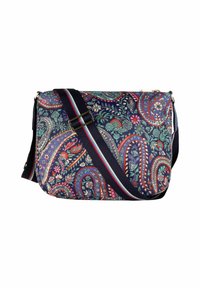 Borsa a spalla con un motivo paisley colorato in tessuto blu, rosso e verde, dotata di una larga tracolla regolabile e dettagli in metallo.