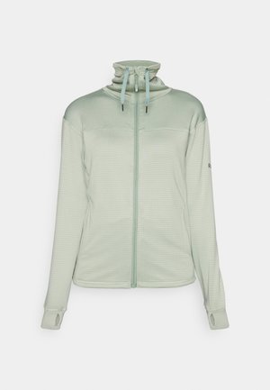 Light green zip-up jacket made of textured fabric, featuring a high collar, thumbholes, and drawstring accents on the hood.