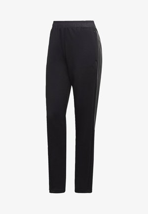 Pantalon de sport noir avec taille élastique, poche zippée sur le côté droit, et trois bandes réfléchissantes noires courant le long de chaque jambe.