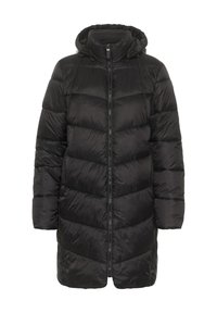 Manteau en duvet noir avec fermeture éclair à l'avant, capuche attachée et design matelassé horizontal. Présente des manches larges et une longueur mi-cuisse. Texture lisse.