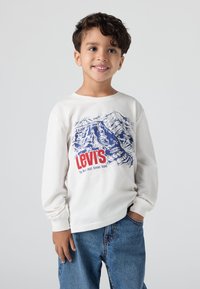 Bijela majica dugih rukava s plavim grafičkim prikazom planine i crvenim natpisom "Levi's". Uparen s plavim trapericama. Jednostavan dizajn s opuštenim krojem.