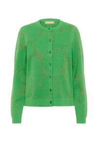 Cardigan verde cu nasturi, realizat dintr-un material tricotat moale, având un model strălucitor subtil, guler rotund și mâneci lungi.