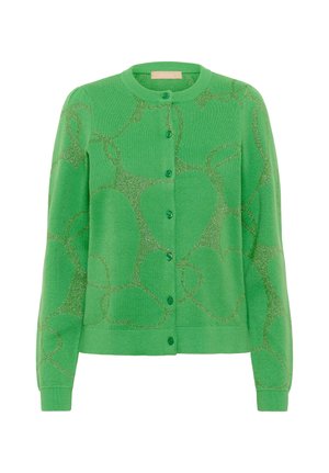 Cardigan vert à boutons, fabriqué en un matériau en tricot doux, présentant un motif scintillant subtil, un col rond et des manches longues.