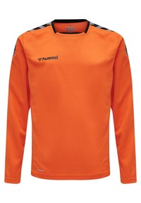 Langärmliges oranges Sportshirt aus feuchtigkeitsableitendem Material. Verfügt über schwarze und graue Akzente auf den Schultern sowie ein Logo auf der Vorderseite.
