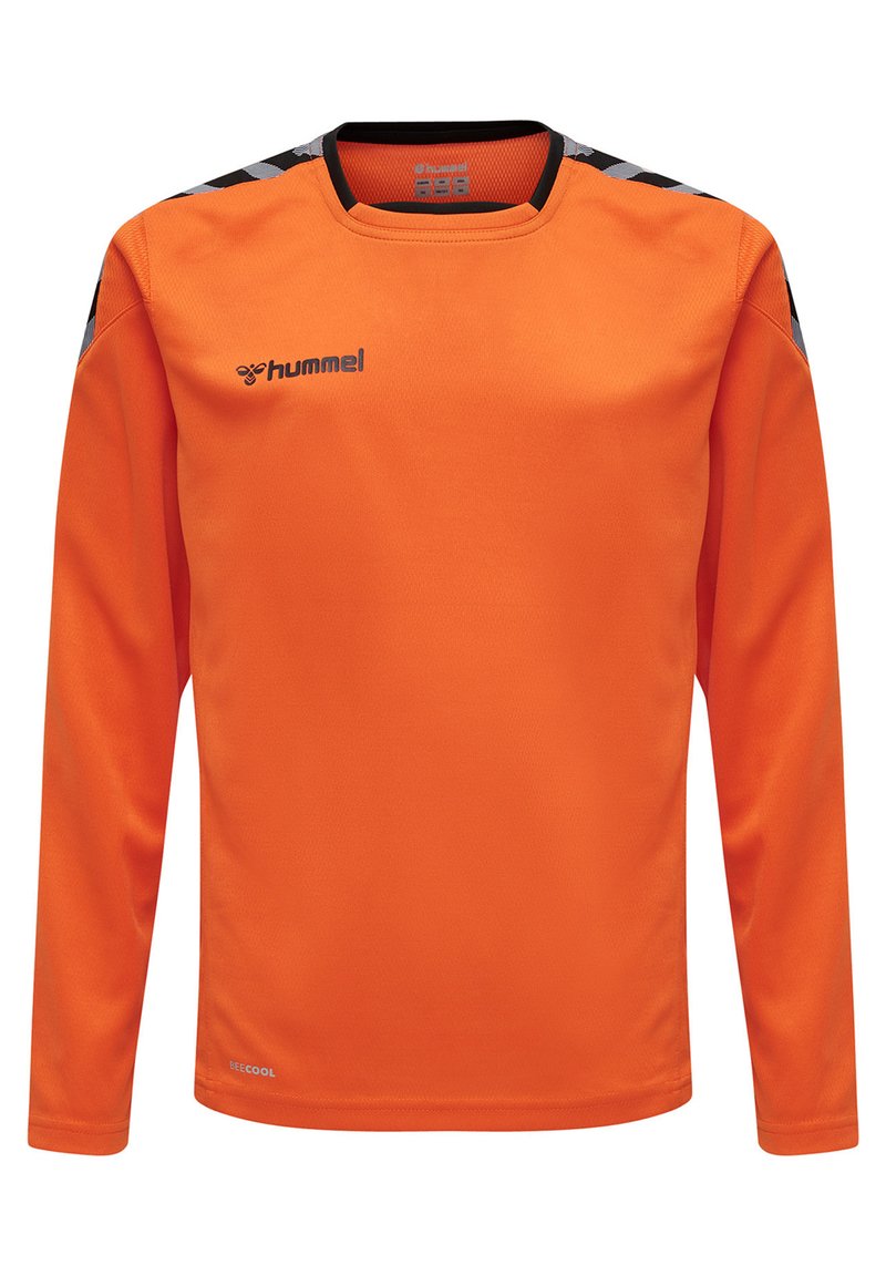 Langärmliges oranges Sportshirt aus feuchtigkeitsableitendem Material. Verfügt über schwarze und graue Akzente auf den Schultern sowie ein Logo auf der Vorderseite.