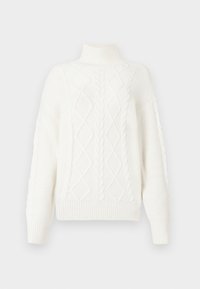 Pulover gros din tricot alb cu guler înalt, având un design cu tricot în cablu, cu modele în diamant și secțiuni texturate, manșete și tiv cu nervuri moi.
