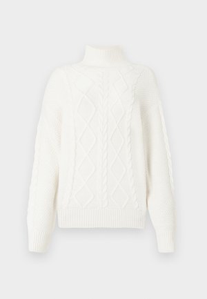 Chunky weißer Rollkragenpullover mit Zopfmuster design, das Diamantmuster und strukturierte Abschnitte zeigt, mit weichen Rippbündchen und Saum.