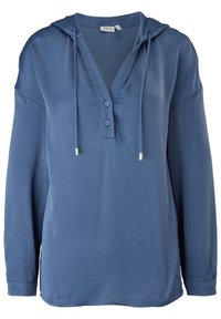 Chemise légère bleu à manches longues avec un col en V et une capuche, dotée de deux boutons et de cordons de serrage. Texture lisse et coupe décontractée.