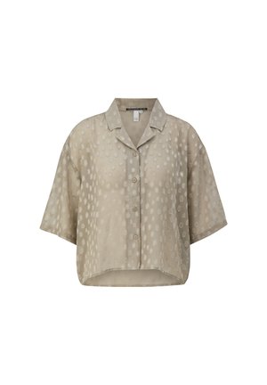 Beige kortomarmige overhemd met knoopsluiting en een cropped ontwerp, voorzien van een gestructureerd stippenpatroon en een kraag.
