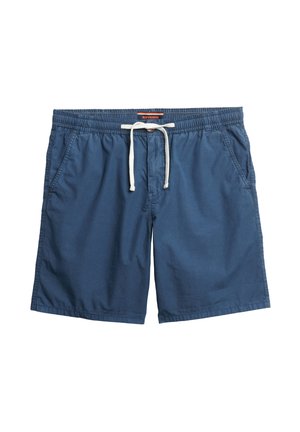 Blå svømshorts lavet af letvægtsstof, der har en elastisk talje med hvid snor, sidelommer og lige pasform.