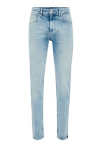 Gaiši zilas, pieguļošas džinsu bikses, kas izgatavotas no mīksta džinsa auduma. Iespējo piecu kabatu dizains, jostas cilpas un metāla pogas aizdare.