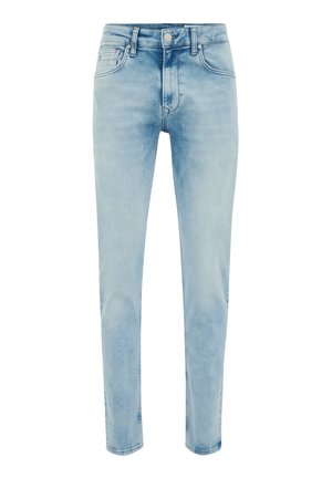 Ljusblå, slim-fit jeans tillverkade av denim med en mjuk textur. Har femficksdesign, bälteshällor och en metallknappslutning.