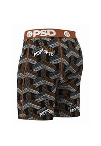 Boxeri negri, cu un model geometric de grosimi variabile în alb, marron și portocaliu, prevăzuți cu un brâu marron proeminent pe care este inscriptionat "PSD."