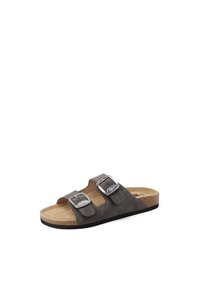 Infradito in suede grigio con due fibbie argentate regolabili, un plantare in sughero imbottito e una suola in gomma nera.