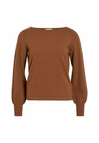 Pull en tricot marron avec un col rond et de longues manches bouffantes. Présente une taille ajustée et une texture lisse.