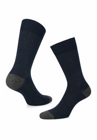 Granatowe skarpetki z poziomymi jasnoszarymi paskami, wzmocnionym ciemnoszarym noskiem i piętą oraz prążkowanym mankietem zapewniającym pewne dopasowanie.