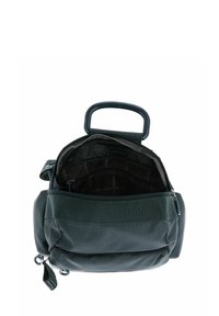 Borsa verde scuro con un design strutturato e compatto. Realizzata in tessuto resistente, presenta un manico superiore e un compartimento con zip dotato di tasche interne.