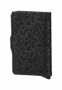 Black leather wallet featuring a hexagonal texture, slim shape, and stitched accents. Compact design with a secure closure mechanism.