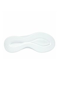 Suela de calzado blanca con una forma lisa y curvada, con estrías y crestas texturizadas para proporcionar agarre. Marcada con el nombre de la marca "SKECHERS."