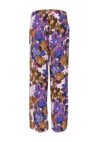 Hlače s širokimi nogami z cvetličnim potiskom v odtenkih vijolične, rjave in roza, z elastičnim pasom in lahkim, teksturiranim materialom.