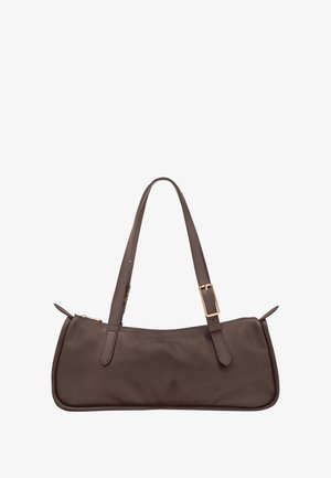 Brown leather handbag with two adjustable shoulder straps, smooth texture, rectangular shape, gold-tone buckle accents, and zip closure.