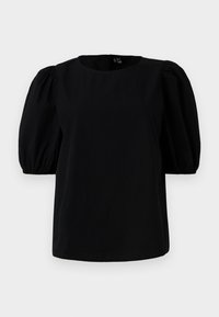 Svart topp med rund hals og korte puffermer. Stoffet er glatt uten synlige mønstre eller detaljer.