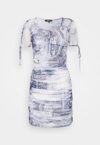 Blue patterned dress with short sleeves, gathered sides, and adjustable tie details. Made of lightweight, smooth fabric with a translucent finish.